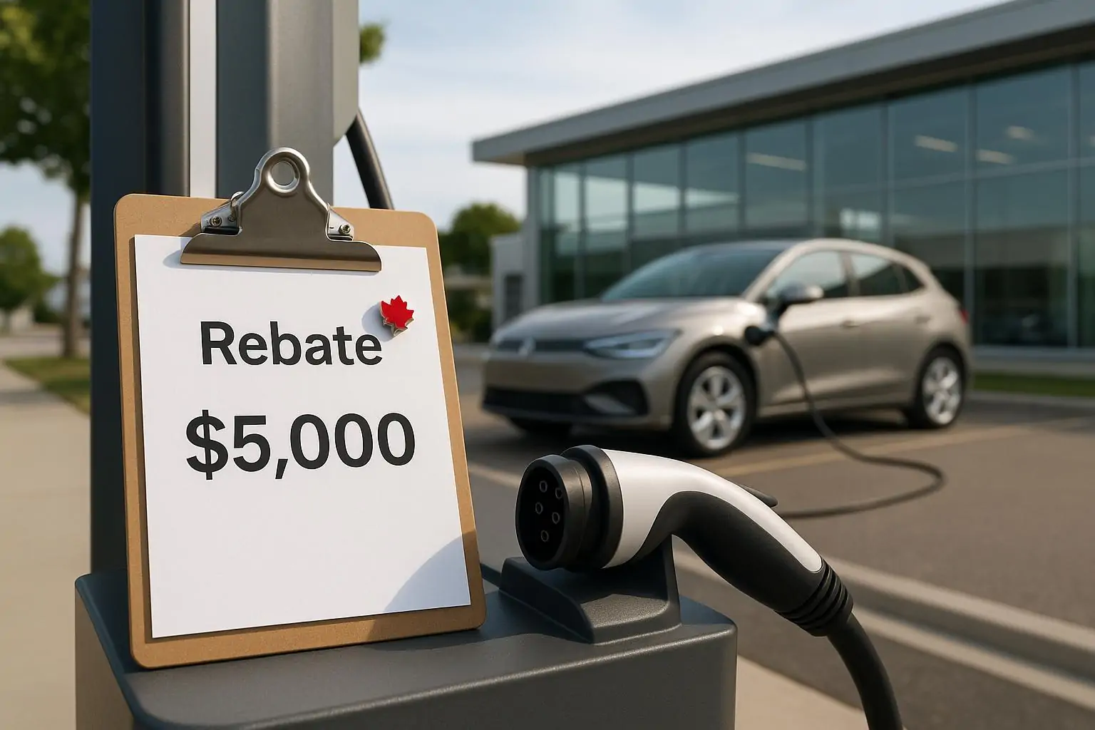 Зарядная станция и нейтральный электромобиль на фоне, рядом ценник с пометкой «скидка» и $5 000.