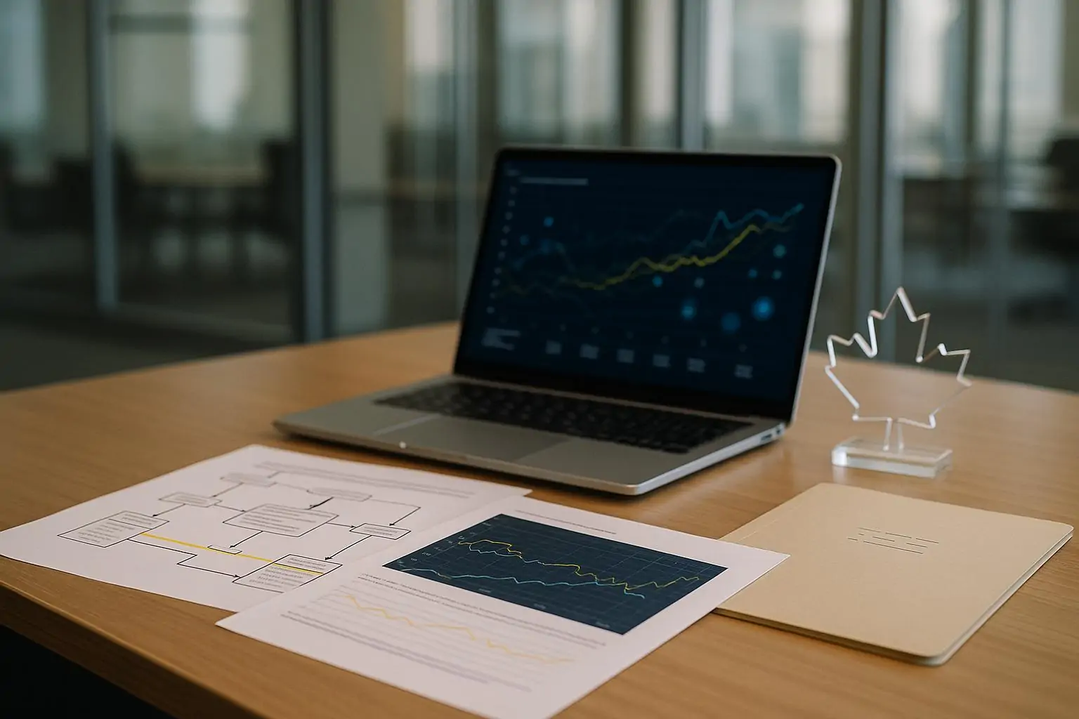 Офисный стол с ноутбуком и графиками переводов, символизирующими стратегию «следуй за деньгами»