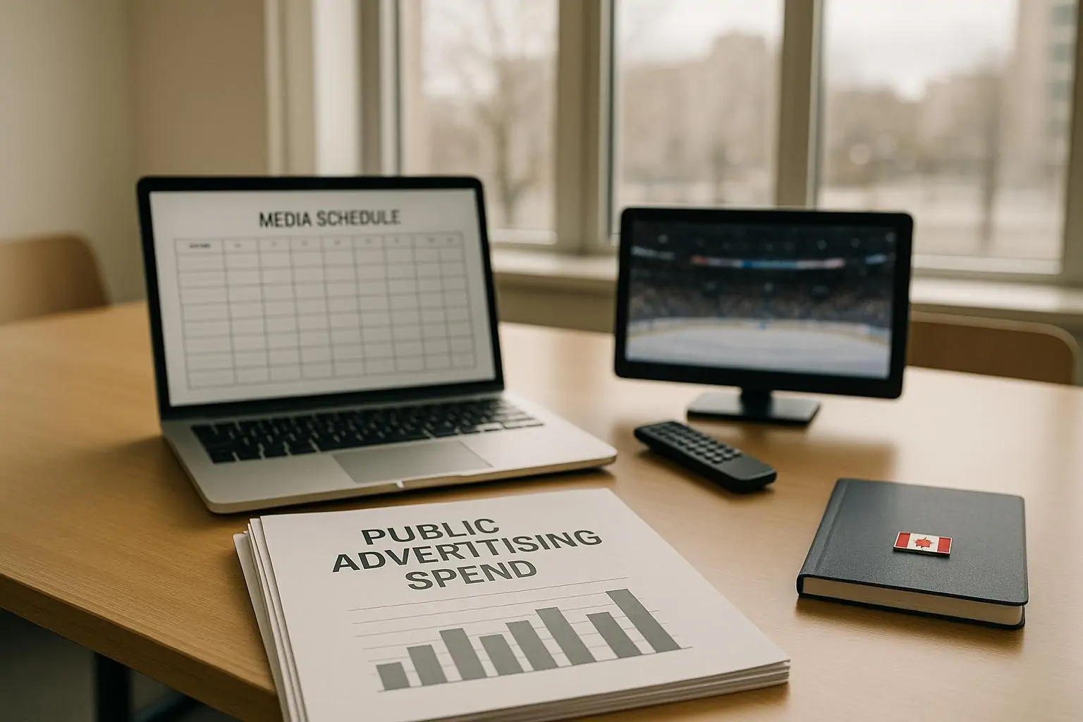 Стол с отчетами о госрасходах на рекламу, ноутбуком и размытым спортэфиром, мягкий дневной свет