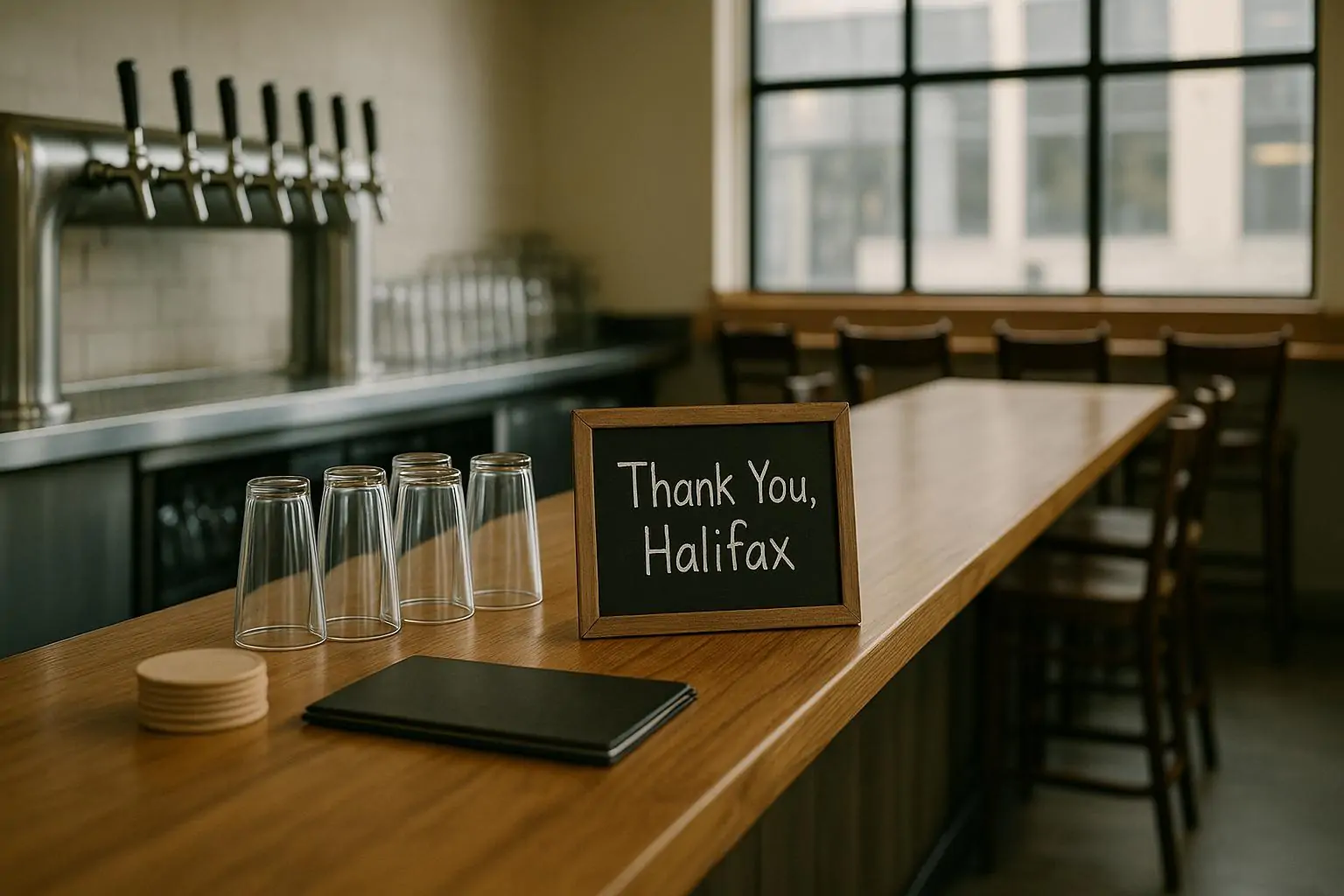 Пустой светлый тапрум крафтовой пивоварни: барная стойка, чистые бокалы и табличка «Спасибо, Галифакс»