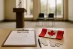 Пустой стол с неподписанной петицией и ручкой рядом с небольшим флагом Канады в светлом фойе