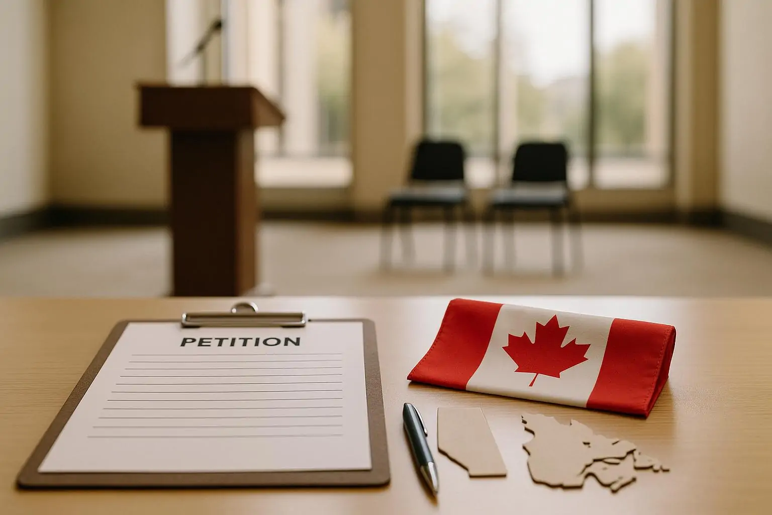 Пустой стол с неподписанной петицией и ручкой рядом с небольшим флагом Канады в светлом фойе