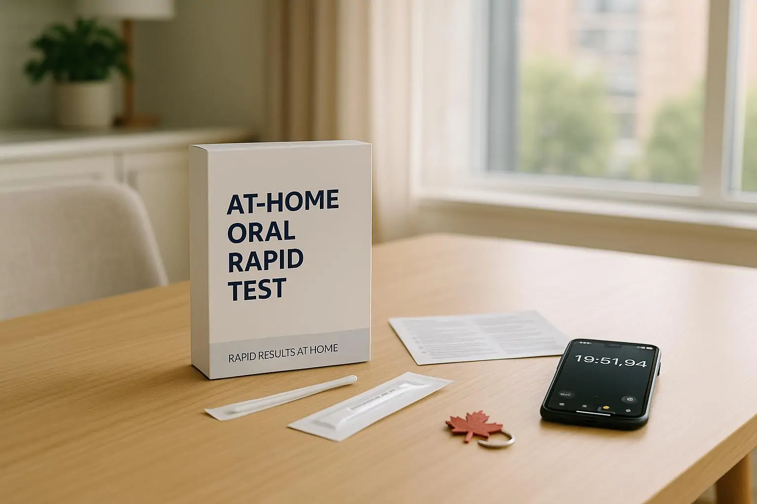 Набор для домашнего орального экспресс‑теста на ВИЧ на столе у окна, рядом таймер на 20 минут