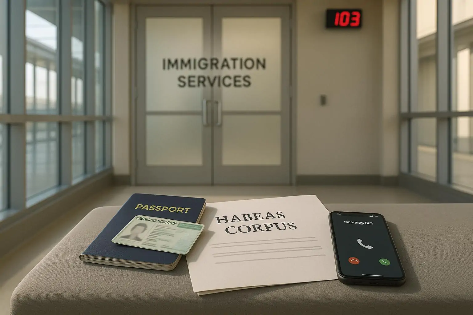 Паспорт и юридические документы на скамье в зоне прилёта, размытые двери иммиграционной службы