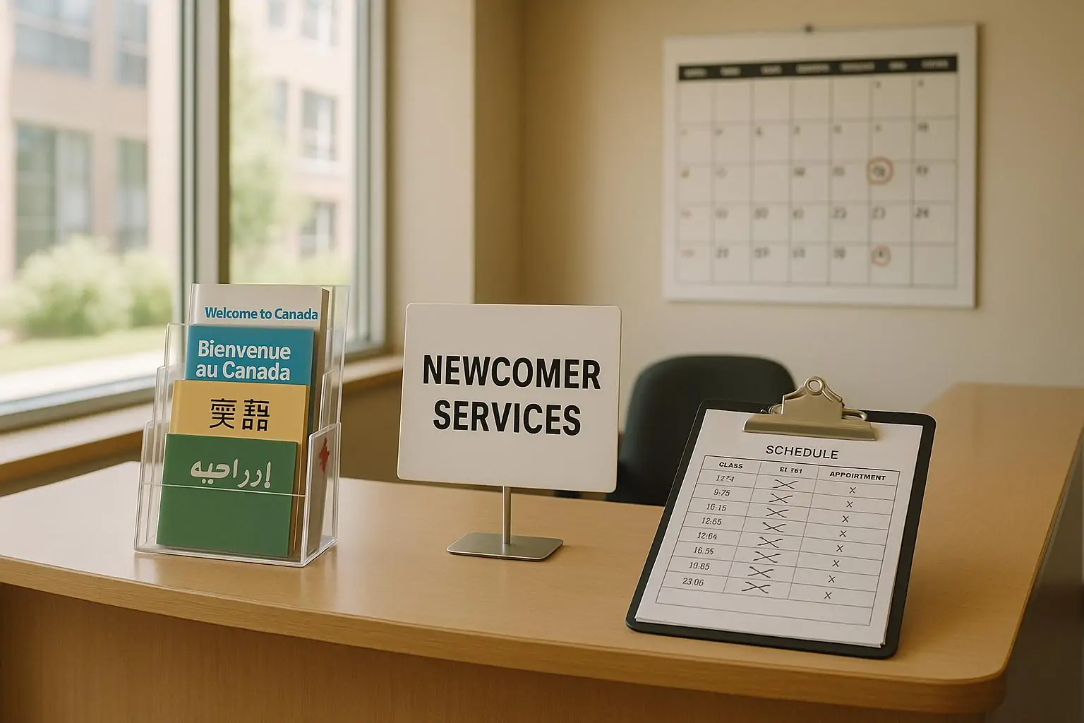 Пустая зона центра помощи новоприбывшим в Торонто: брошюры и расписание с зачёркнутыми пунктами