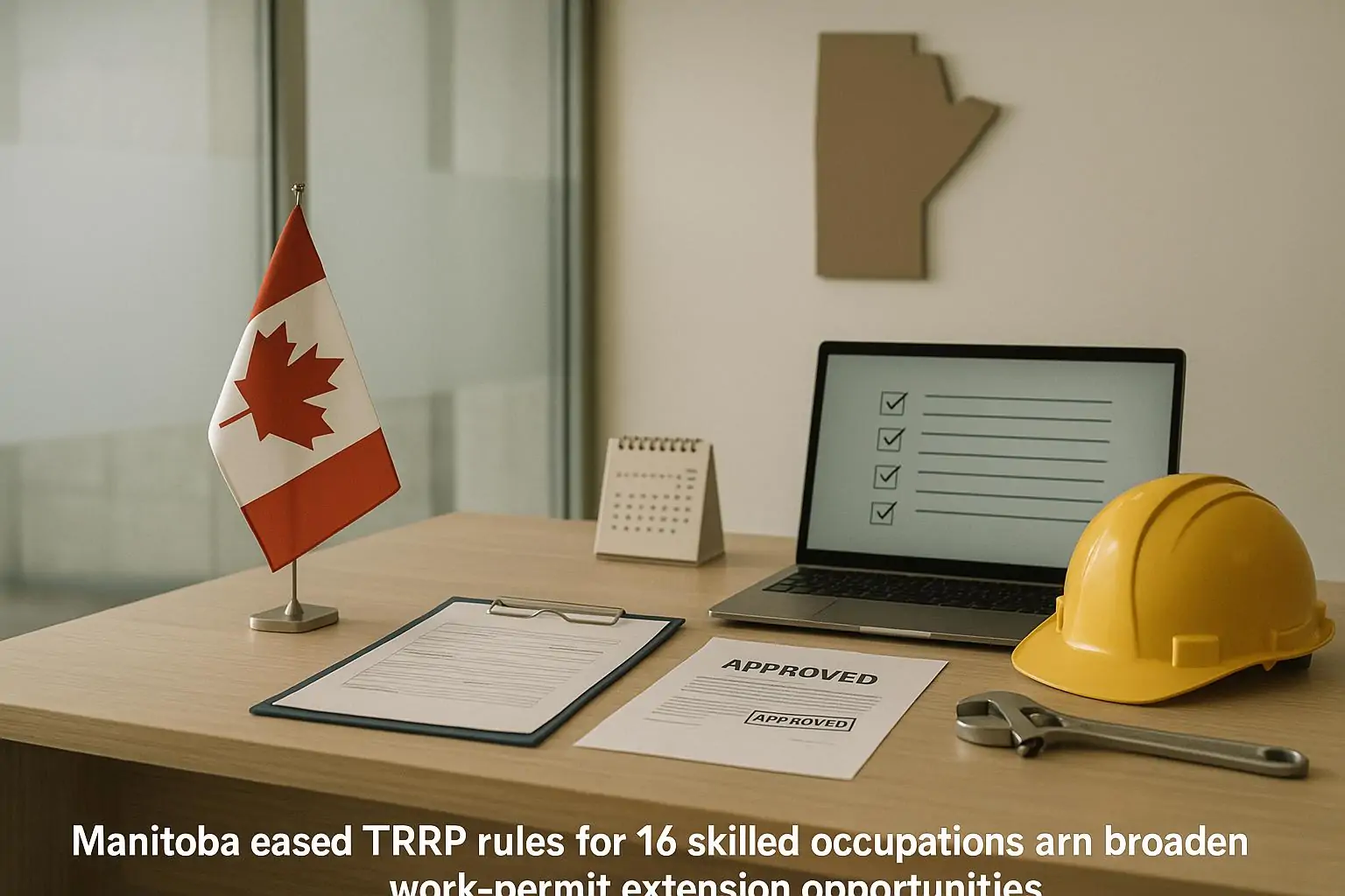Нейтральная офисная сцена: бланки и инструменты на столе символизируют продление разрешений на работу в Манитобе