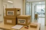 Коробки с бумажными медкартами в светлом офисе больницы, подготовленные к отправке на оцифровку.