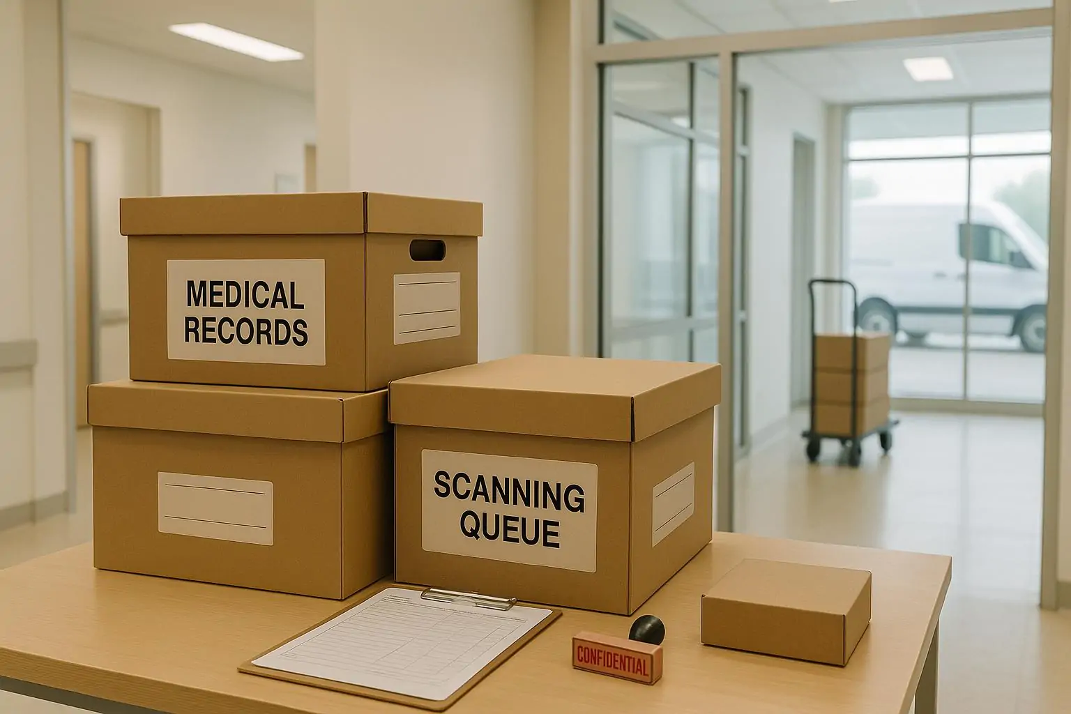 Коробки с бумажными медкартами в светлом офисе больницы, подготовленные к отправке на оцифровку.