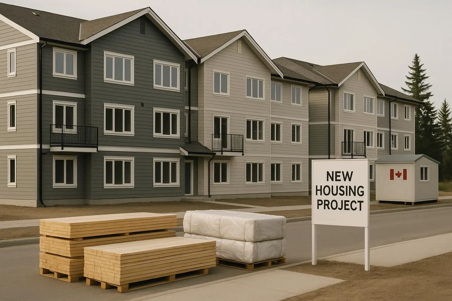 Новые жилые дома у военной базы в Канаде: аккуратная стройплощадка при мягком дневном свете