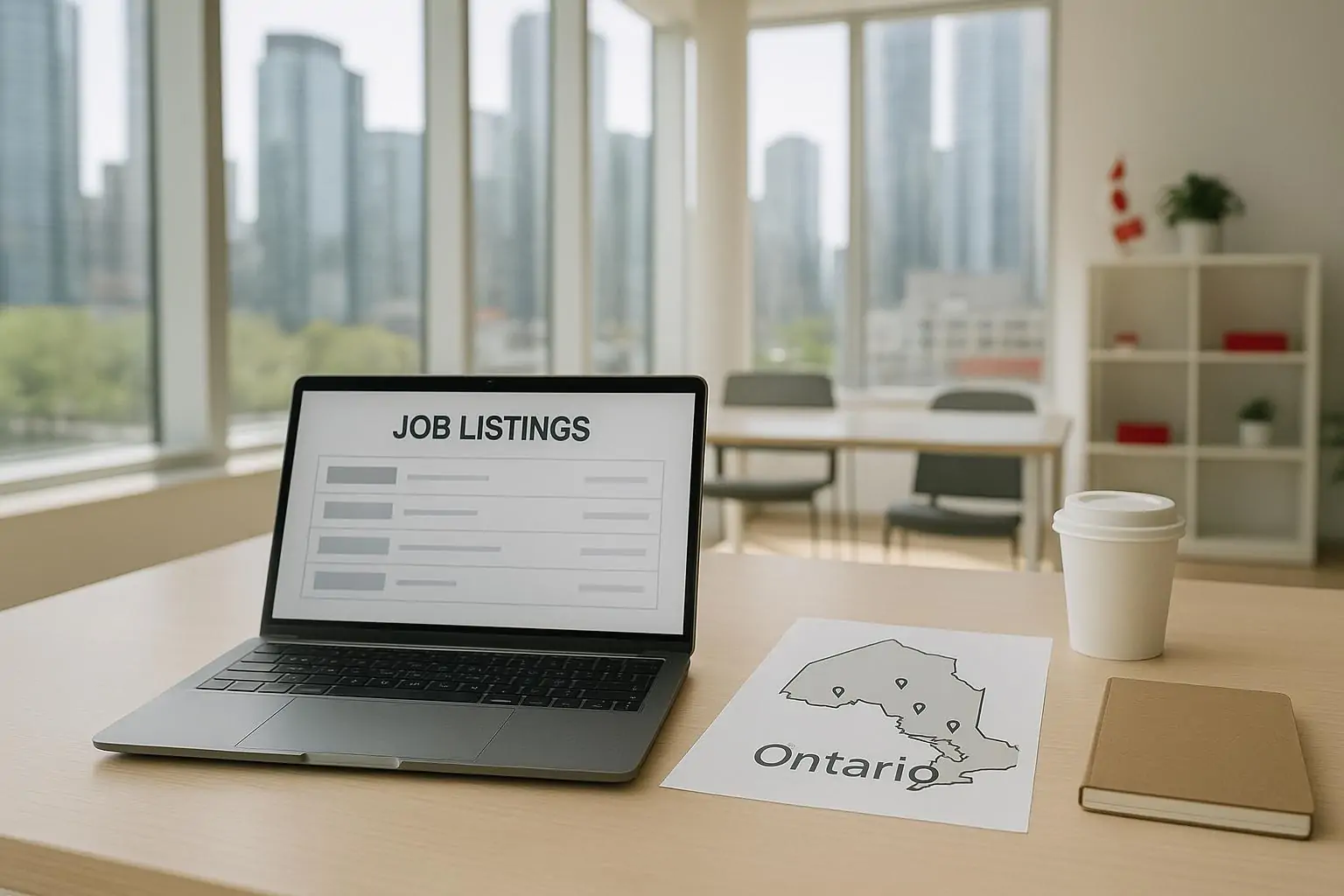Светлый офисный стол с ноутбуком и нейтральным списком вакансий, рядом карта Онтарио с отметками
