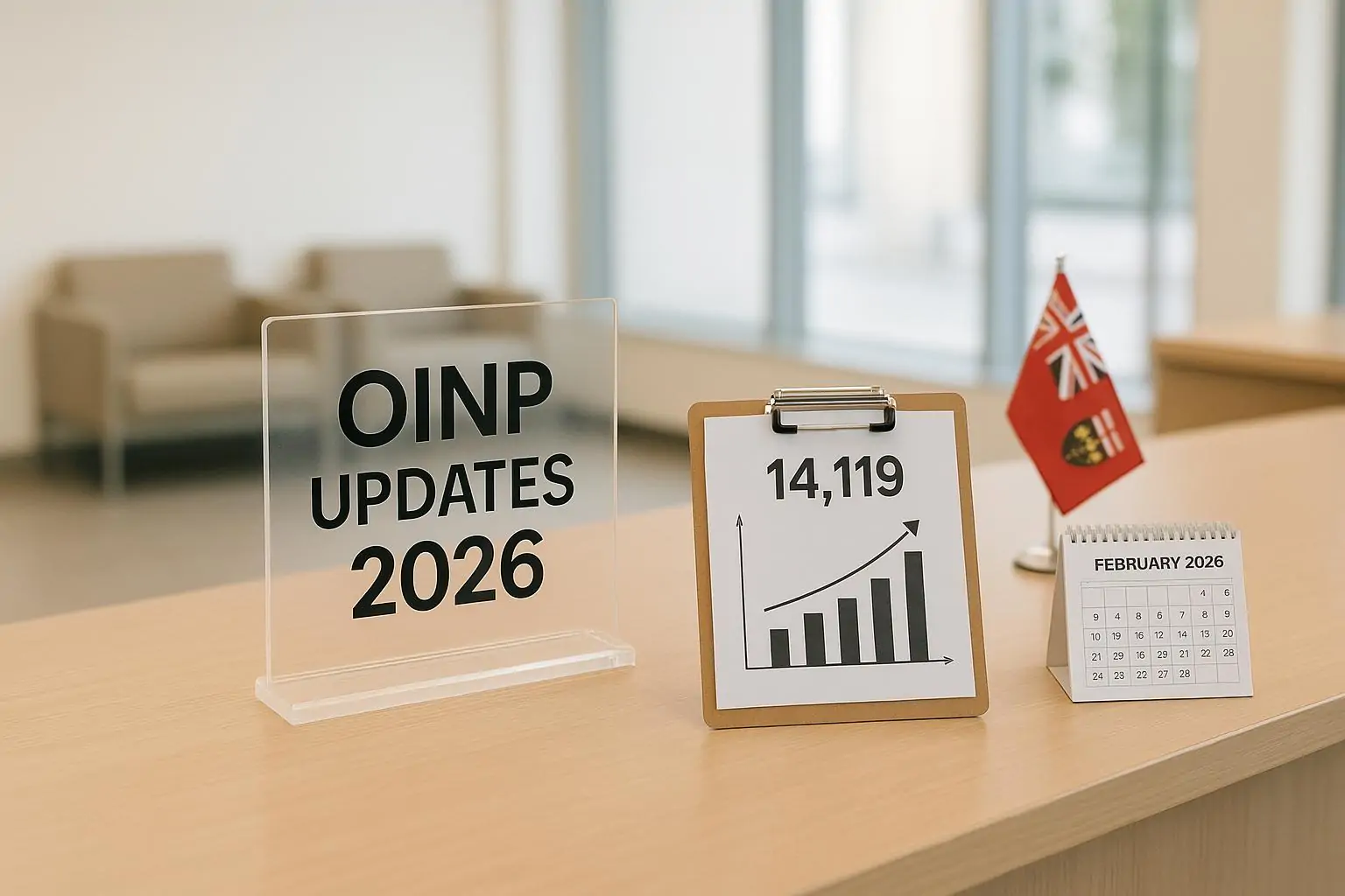 Светлый офисный интерьер с табличкой OINP 2026 и диаграммой роста квоты до 14 119 мест на столе