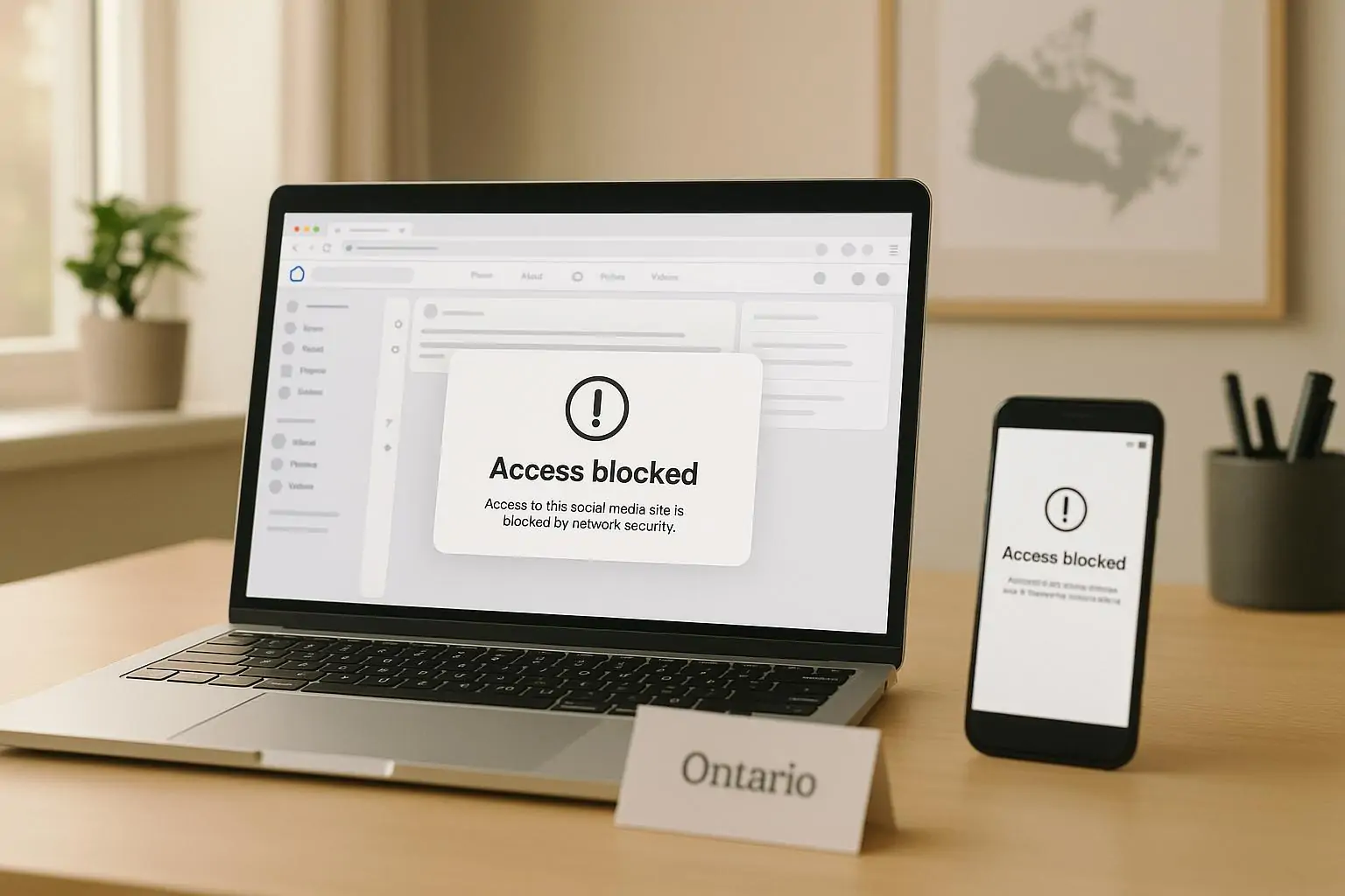 Ноутбук и смартфон на рабочем столе показывают уведомление о блокировке доступа; намёк на Онтарио.
