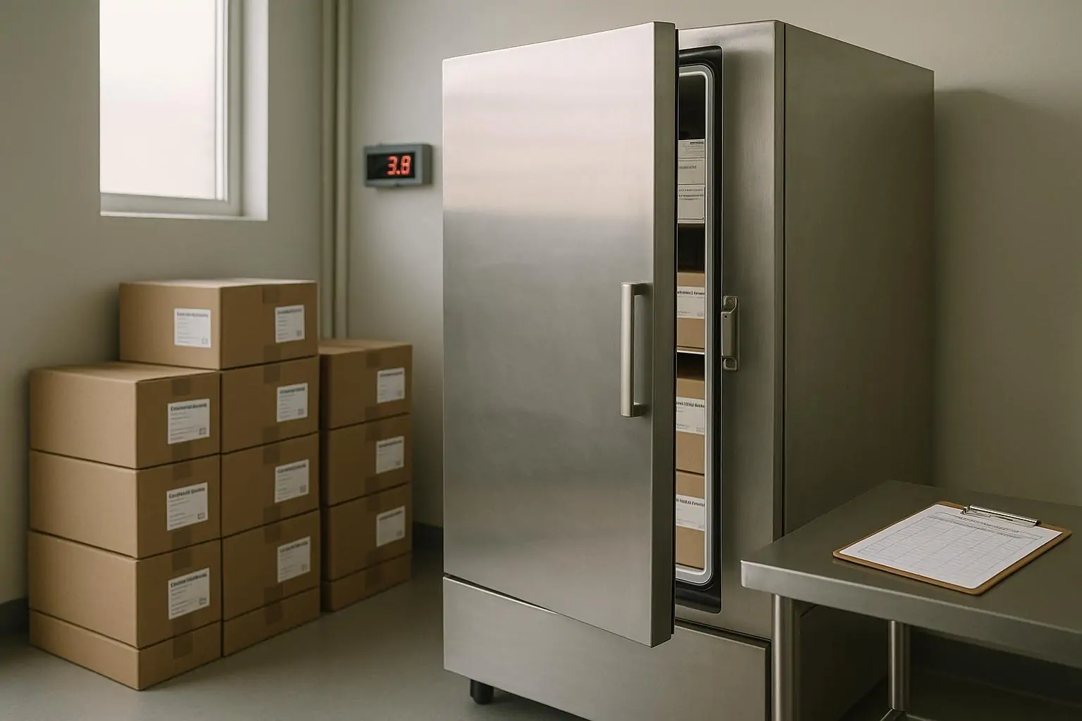 Чистый склад медзапаса: нержавеющий морозильник слегка приоткрыт, рядом коробки и журнал контроля температуры