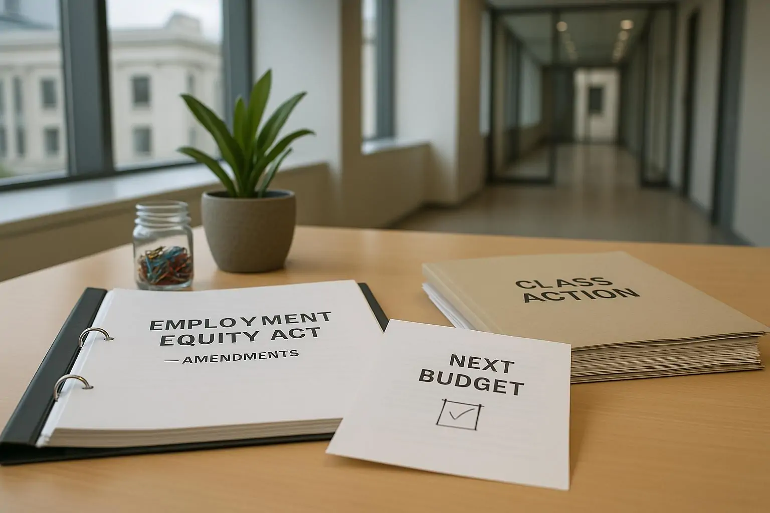 Папка с поправками к закону о равных возможностях и нейтральные юрдокументы на столе в офисе Оттавы