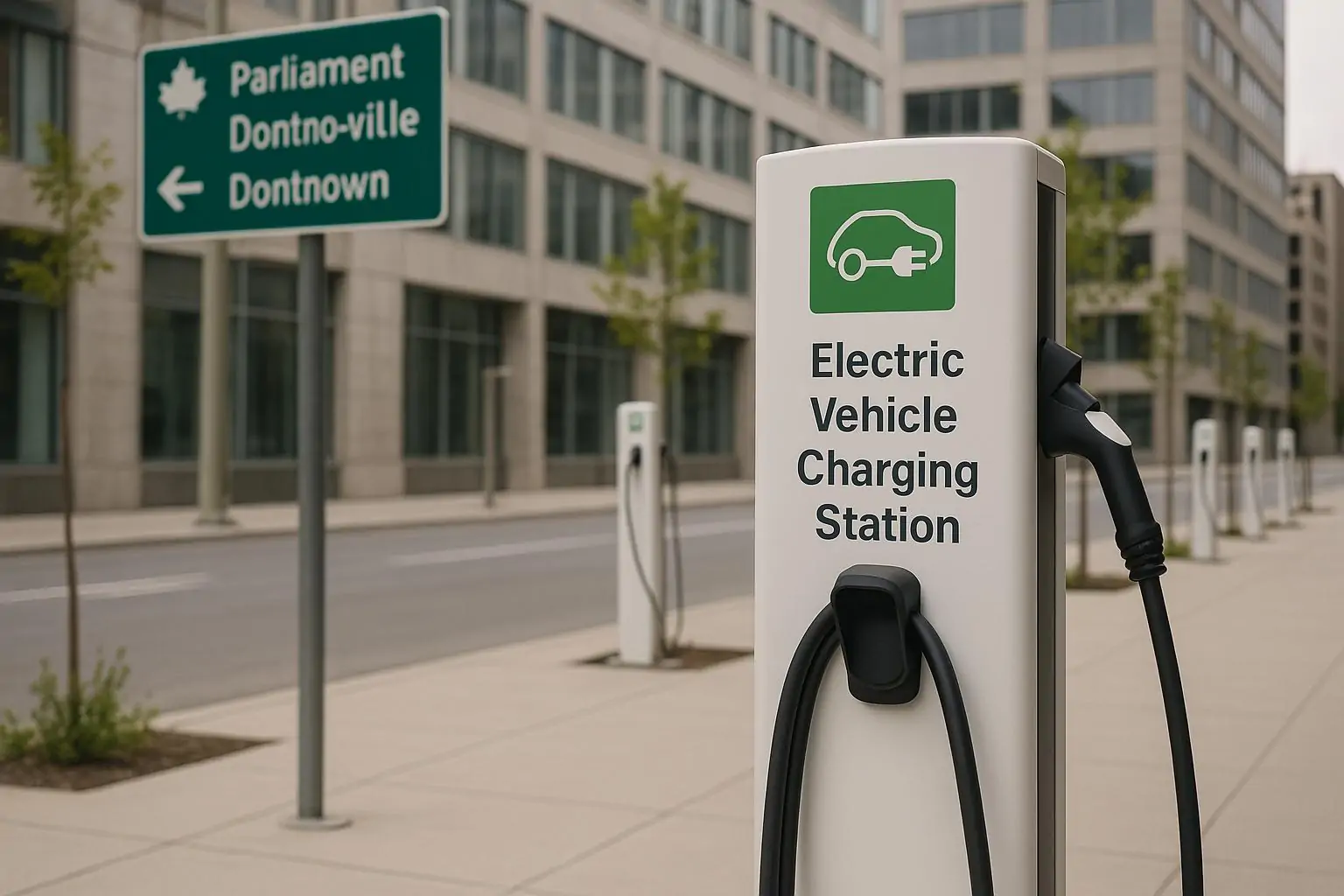 Современные зарядные станции для электромобилей на спокойной городской улице в Канаде, дневной свет