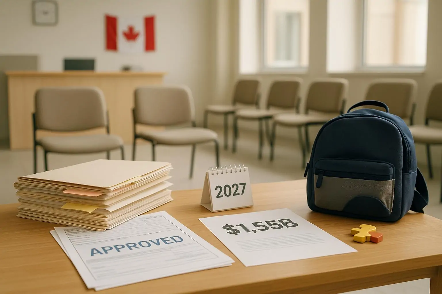 Очередь документов на столе в зоне ожидания госслужбы: одобрение, $1,55 млрд и детский рюкзак рядом