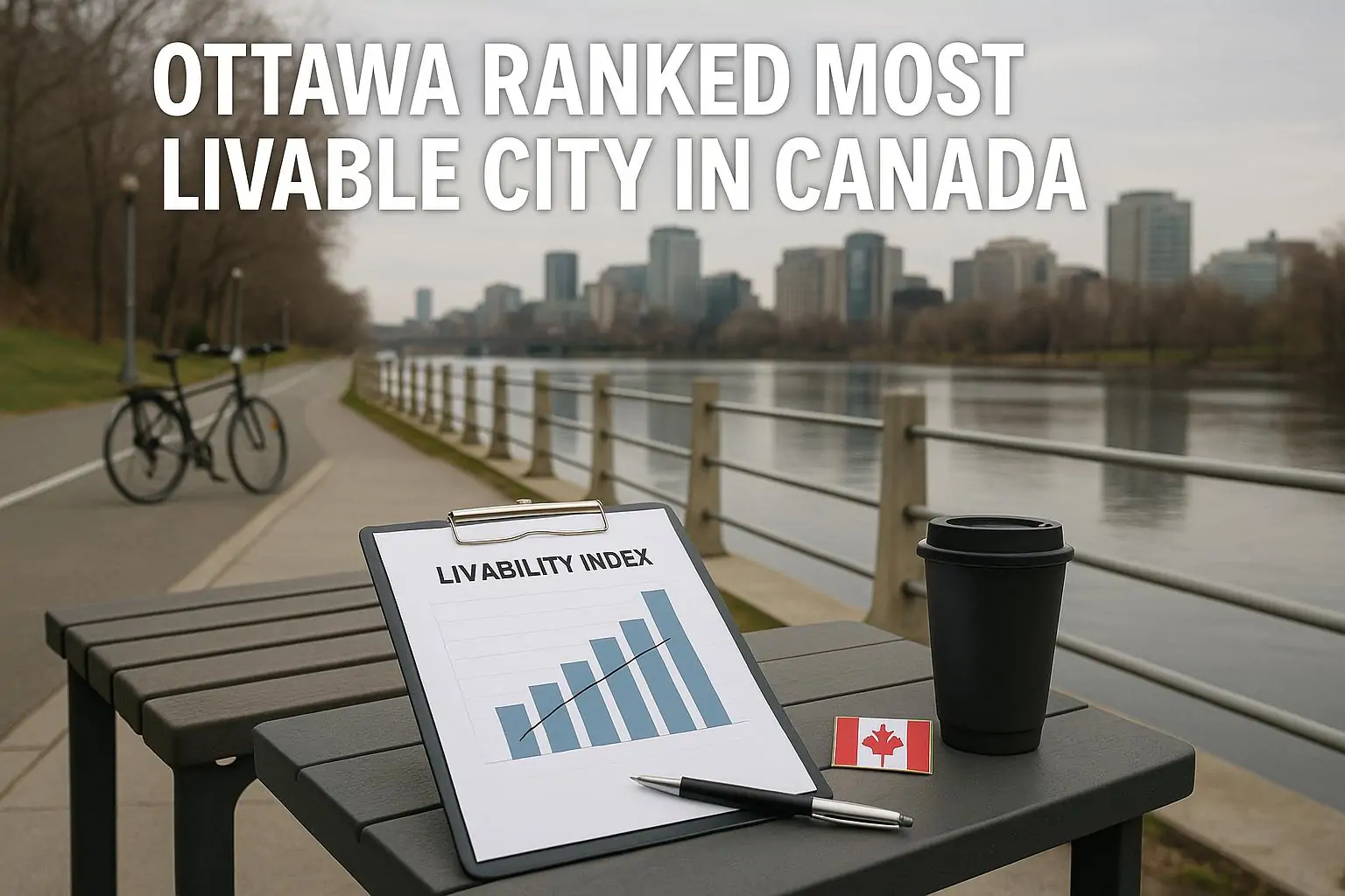 Набережная Оттавы с видом на центр; на столике лежит лист с графиком рейтинга комфортной жизни.