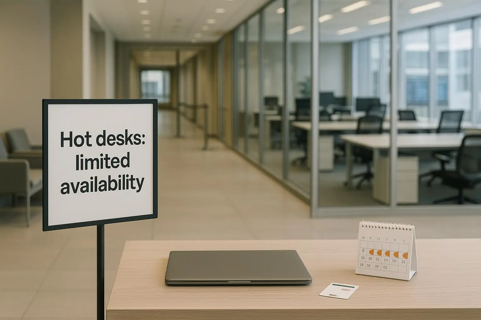 Светлый офисный холл в Оттаве с табличкой о нехватке hot desks и календарём на четыре дня в офисе