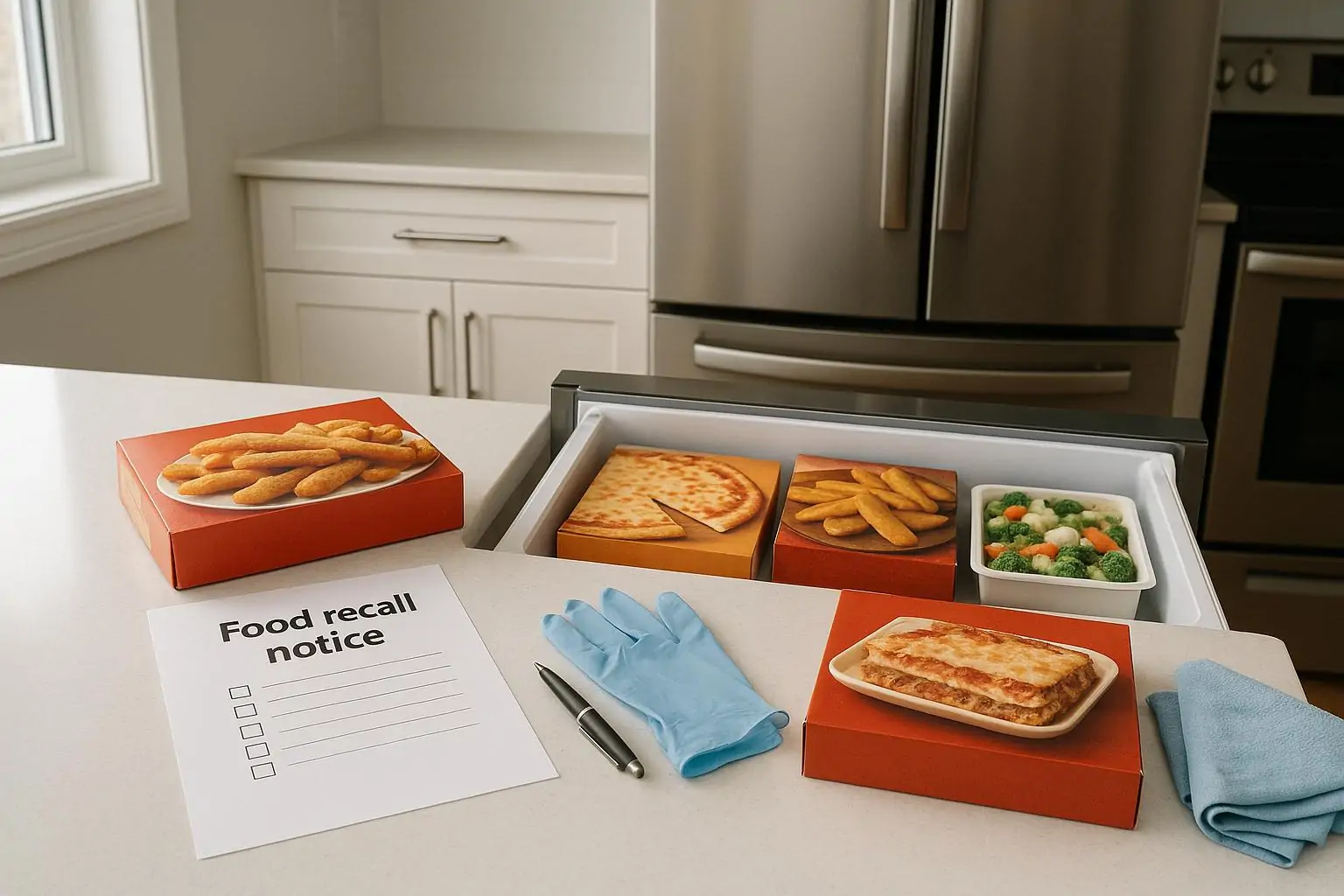 Открытая морозилка и коробки замороженных закусок рядом с листком «отзыв продукта» на кухне при дневном свете