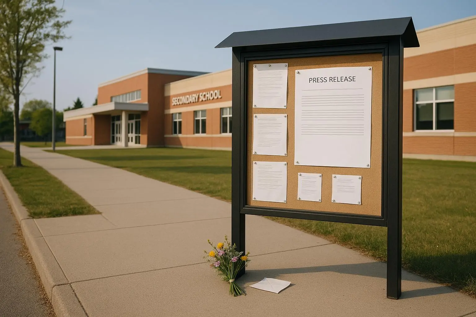 Тихий фасад школы в небольшом канадском городе и стенд с нейтральными объявлениями, мягкий дневной свет.