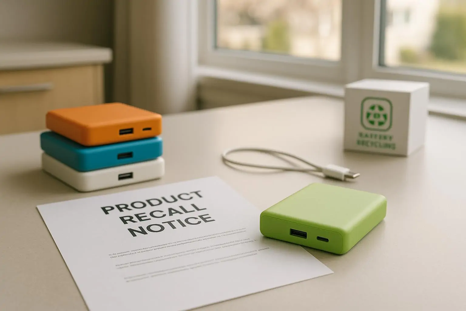 Пауэрбанки на столе рядом с уведомлением об отзыве и символом утилизации батарей, дневной свет