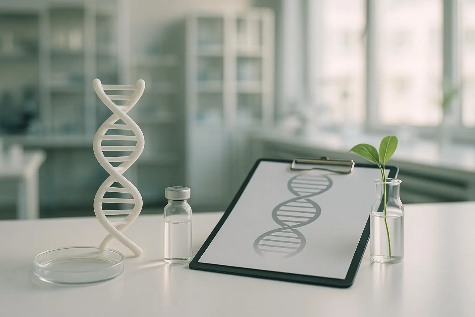 Светлая лаборатория: пробирка, модель ДНК и росток на столе как символ успешного лечения редкой генболезни