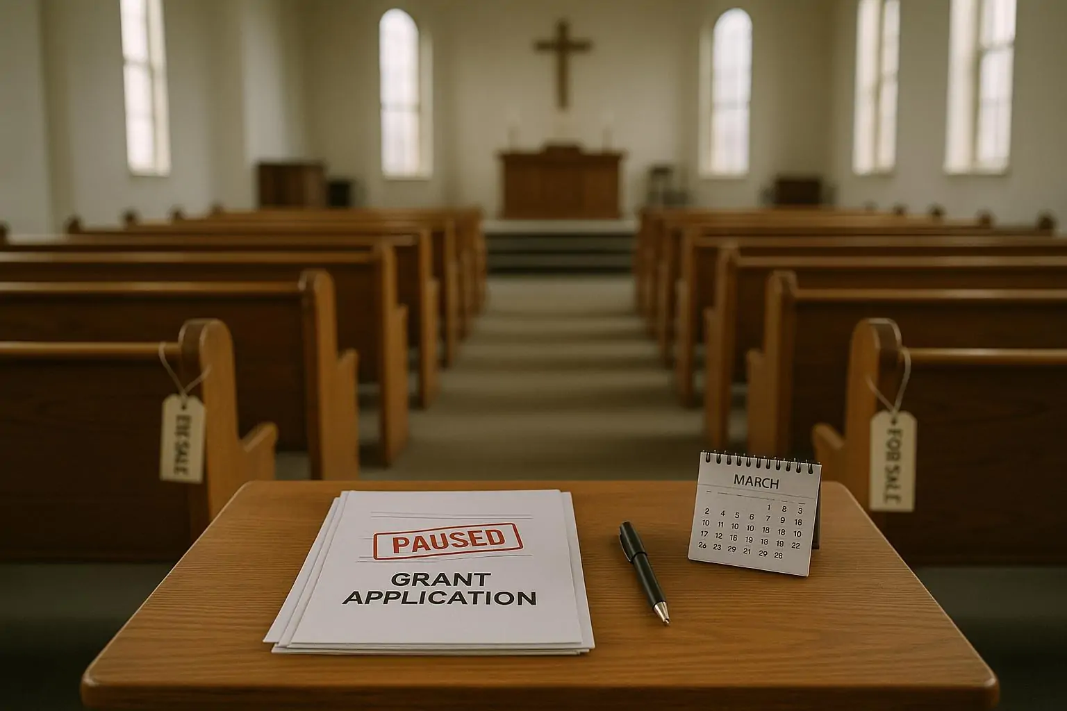 Пустой интерьер церкви в Квебеке: документы о грантах с пометкой «пауза» и бирки «продажа» на скамьях