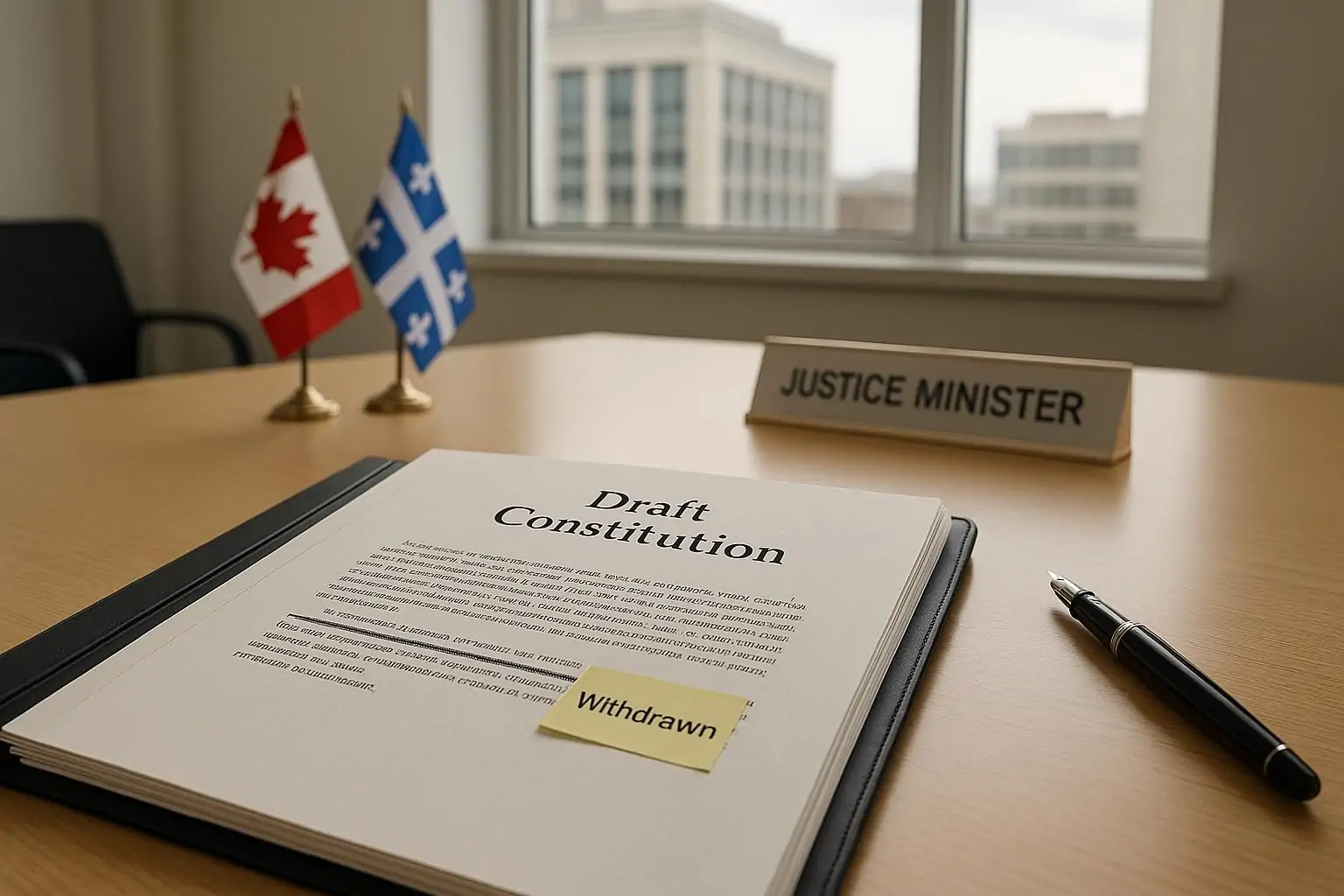 Папка с проектом конституции Квебека на столе, пометка «withdrawn» и флаги Канады и Квебека на фоне.