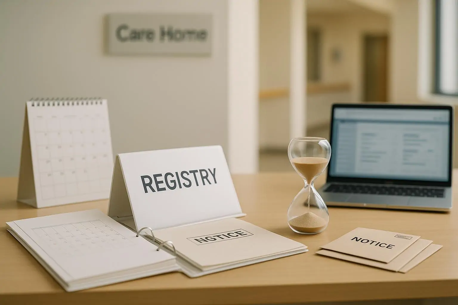 Папка «реестр», конверты с уведомлениями и песочные часы на столе, символ задержек и пробелов защиты.