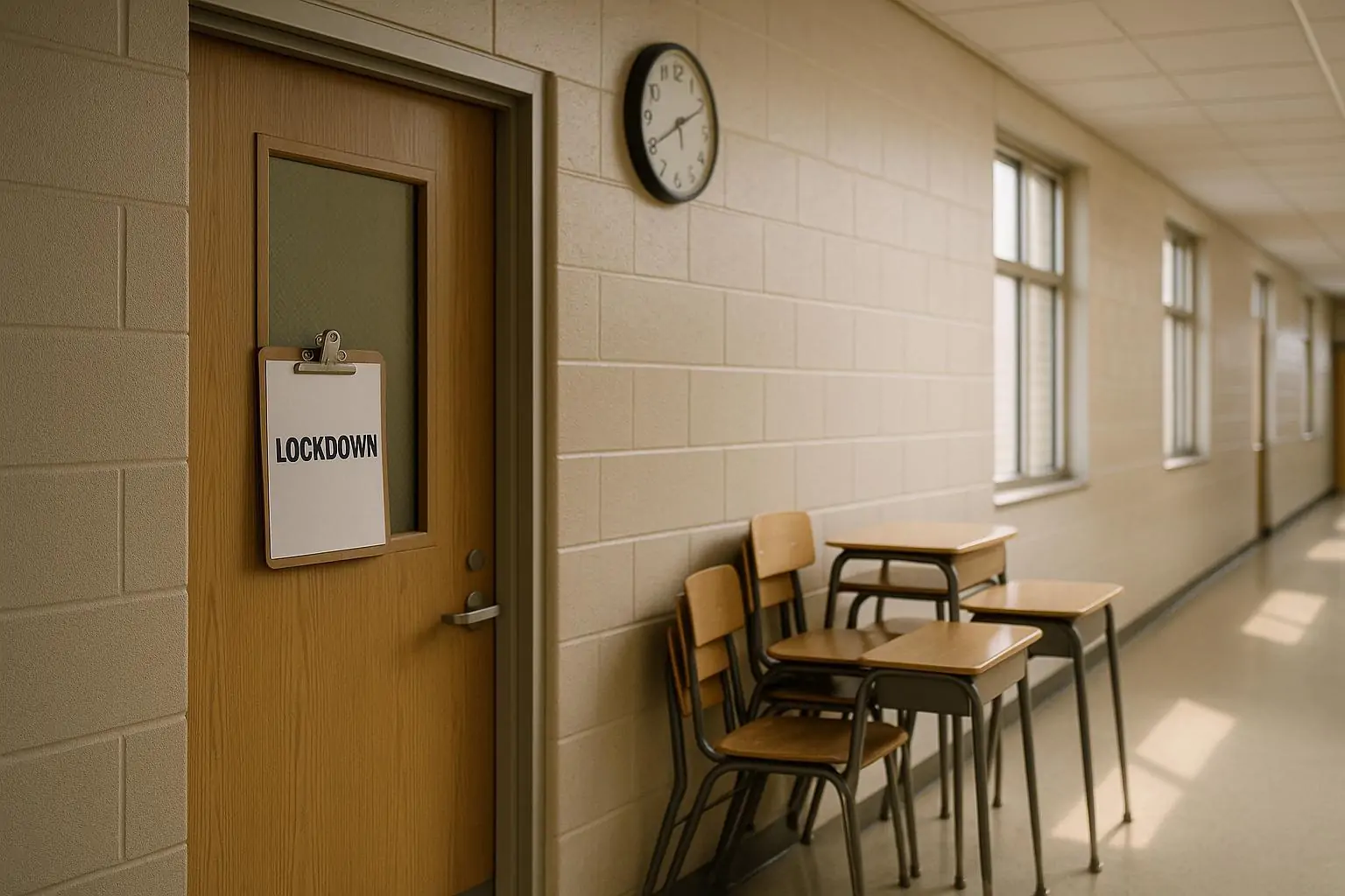 Спокойный школьный коридор при дневном свете: закрытая дверь класса и табличка «локдаун», нейтральная атмосфера