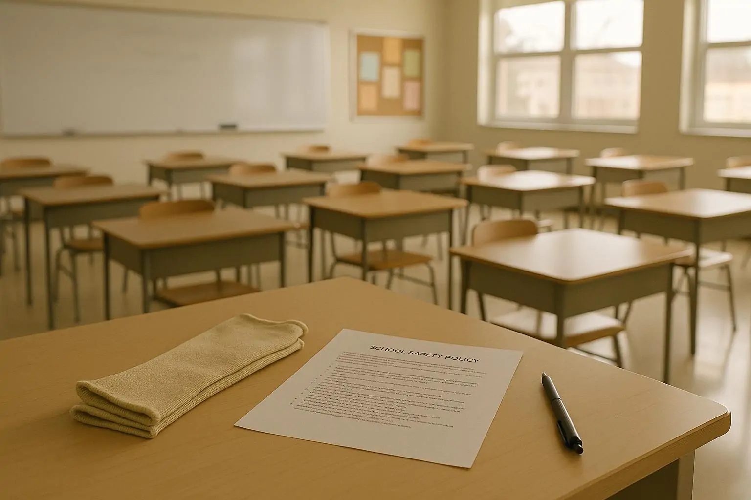 Пустой светлый класс: на столе учителя сложены кевларовые рукава и документ о безопасности школы.
