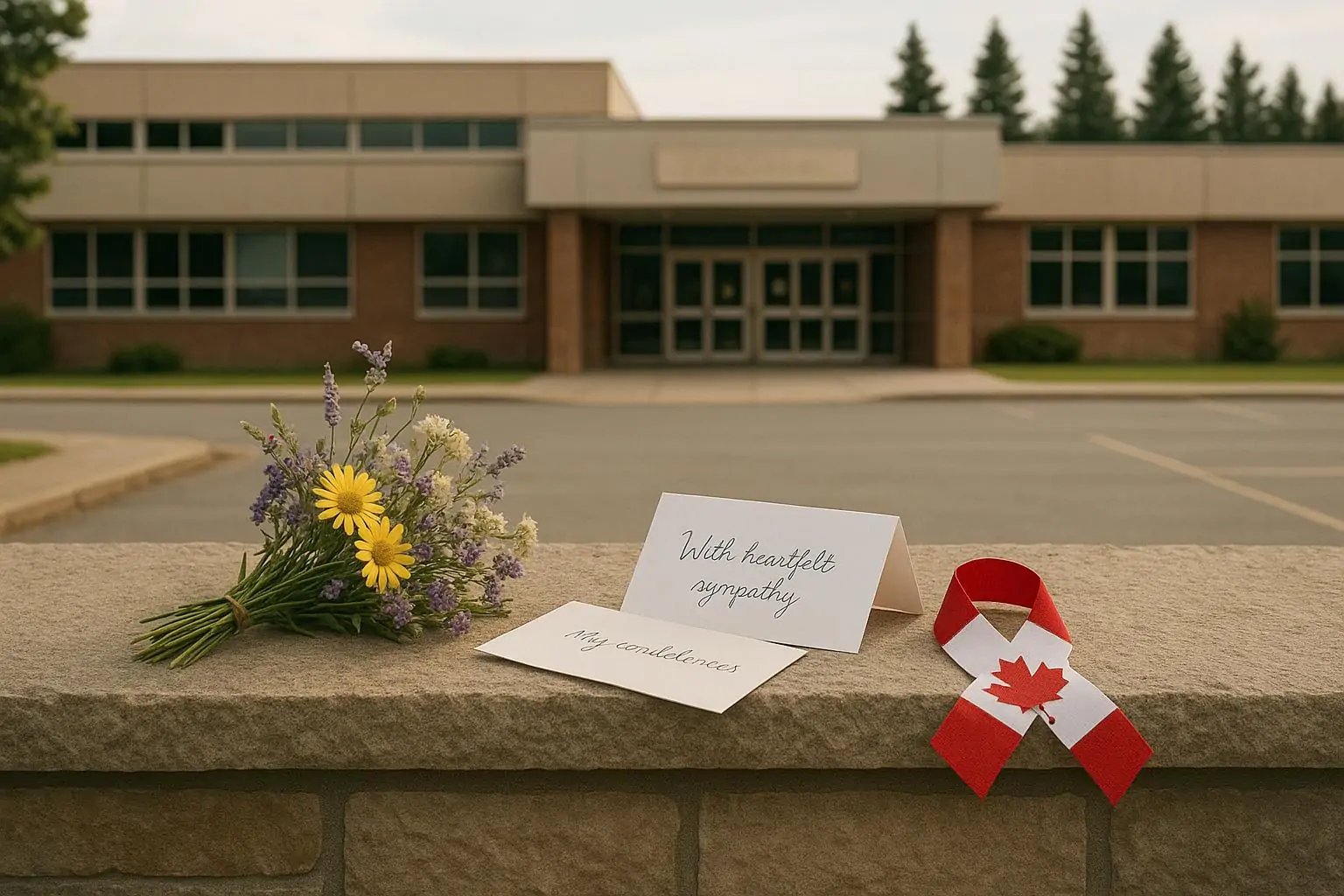 Тихий вход в канадскую школу днём; у стены аккуратные цветы и записки памяти, без людей и сцен насилия