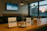 Раннее утро в кафе Торонто: табличка «6:00», кофе и бокалы у стойки, на фоне размытая трансляция спорта