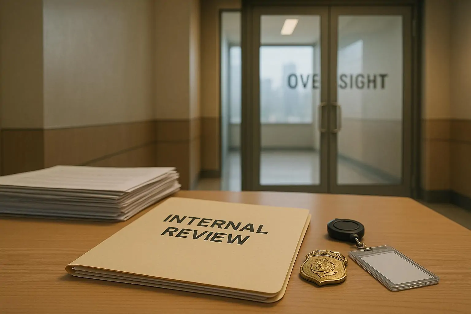 Папка «внутренняя проверка» и перевёрнутый жетон на столе в светлом здании, символ контроля