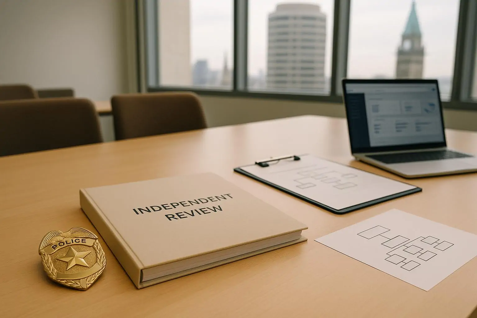 Папка «независимая проверка» рядом с полицейским жетоном на столе в светлом офисе Онтарио