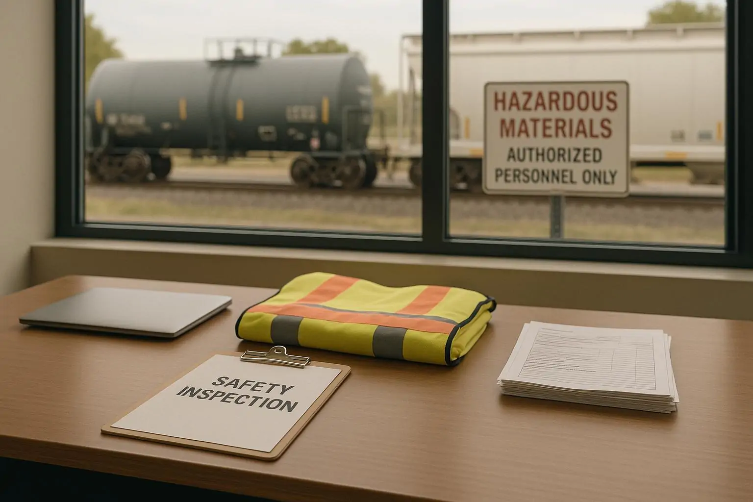 Пустой стол инспектора с документами и жилетом на фоне размытых грузовых вагонов и знака безопасности