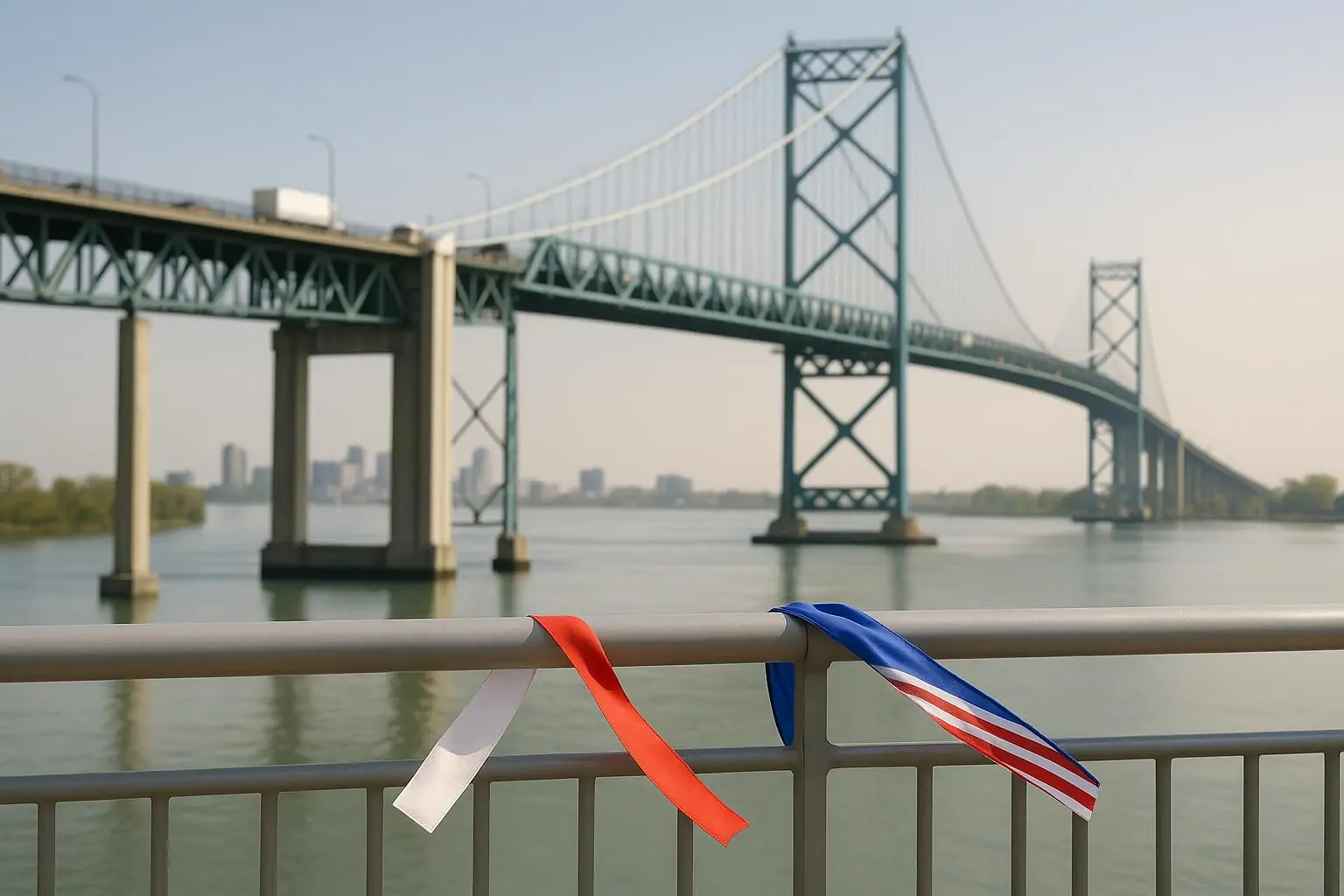 Современный международный мост над рекой в дневном свете, символ сотрудничества Канады и США