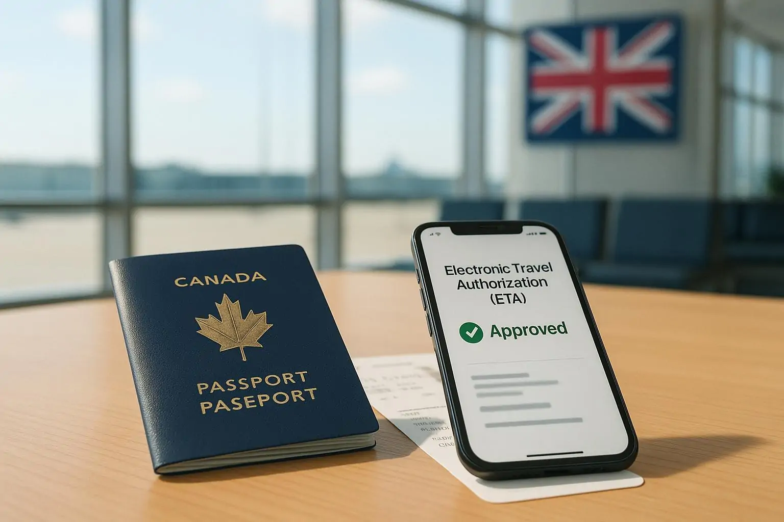 Паспорт Канады и смартфон с экраном Electronic Travel Authorization (ETA) на фоне светлого аэропорта