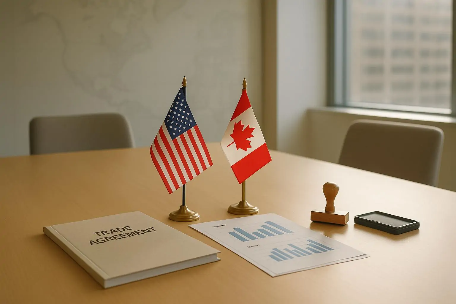 Флаги США и Канады рядом с папкой торгового соглашения и графиками, символ обсуждения тарифов