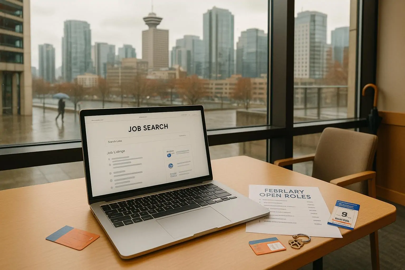Рабочий стол у окна в Ванкувере: ноутбук с поиском вакансий и лист «февральские позиции», без людей