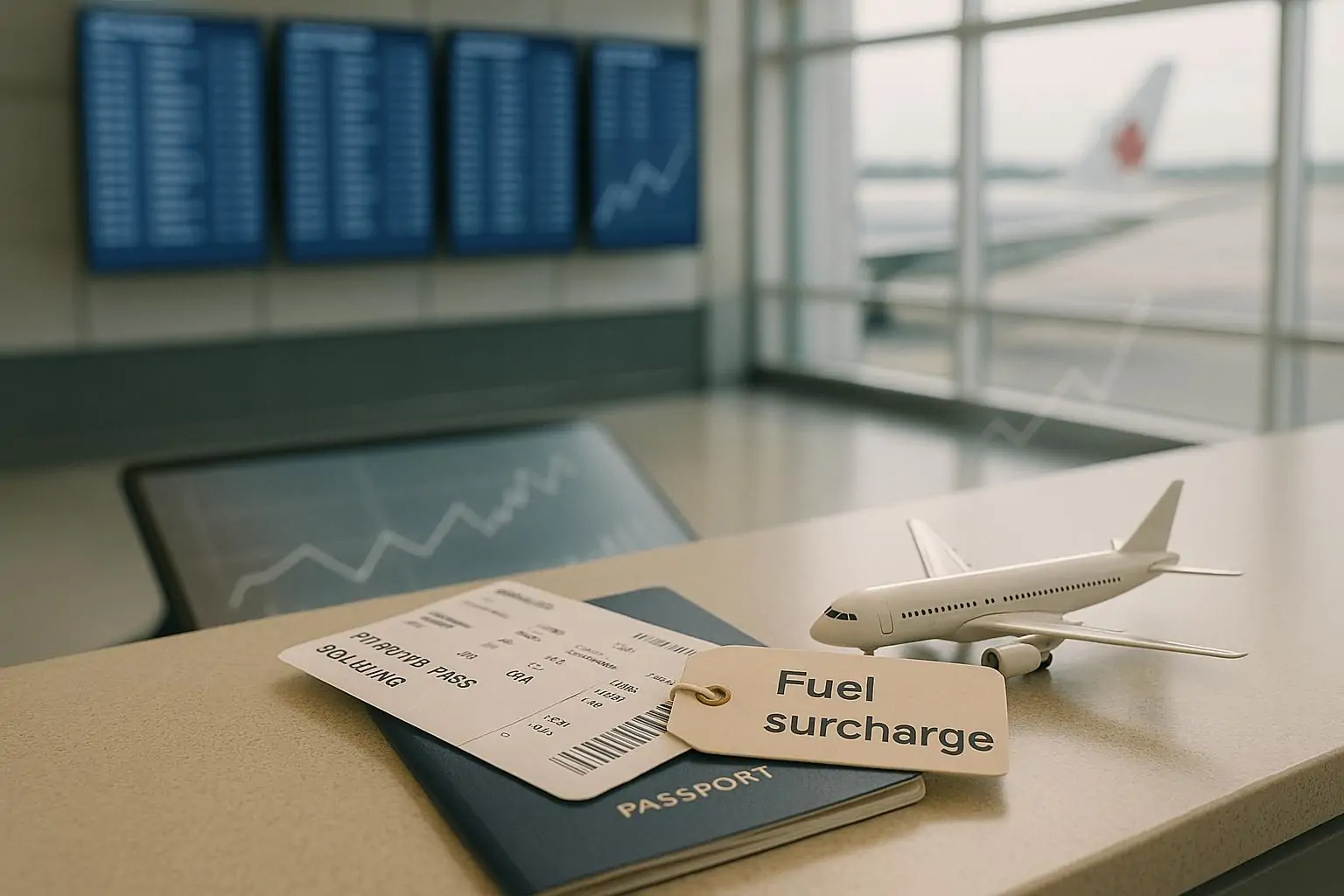 Спокойный зал аэропорта: посадочный талон и карточка «топливная надбавка» на фоне табло вылетов.