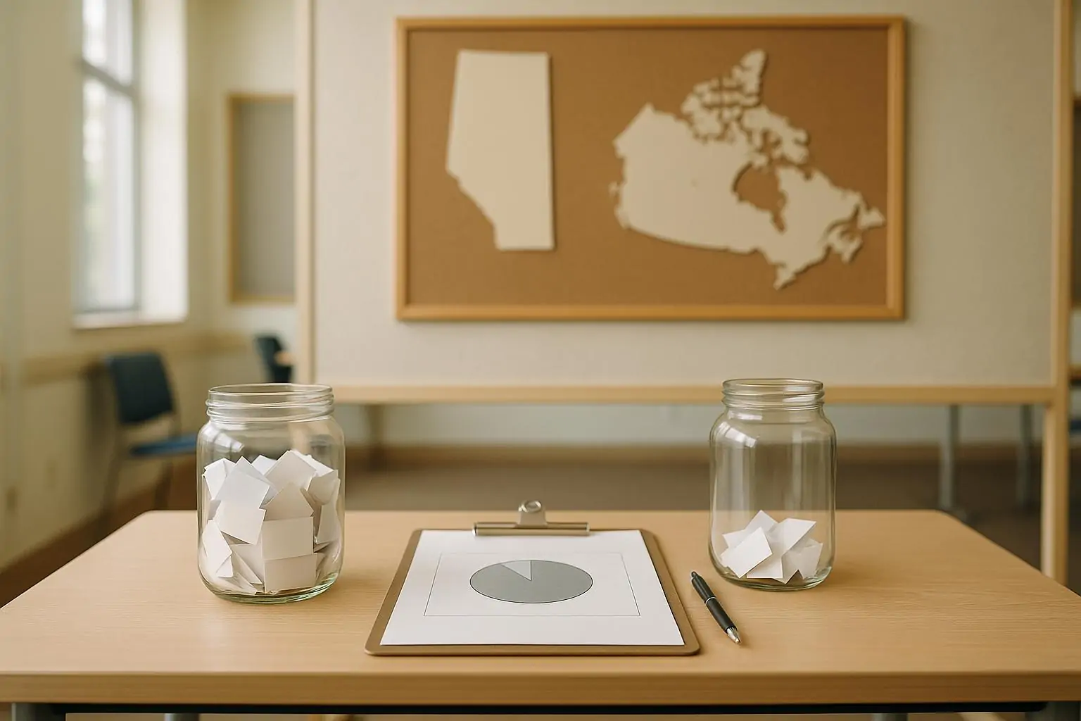 Стол с анкетой опроса и двумя банками с записками разного объёма на фоне карты Альберты и Канады