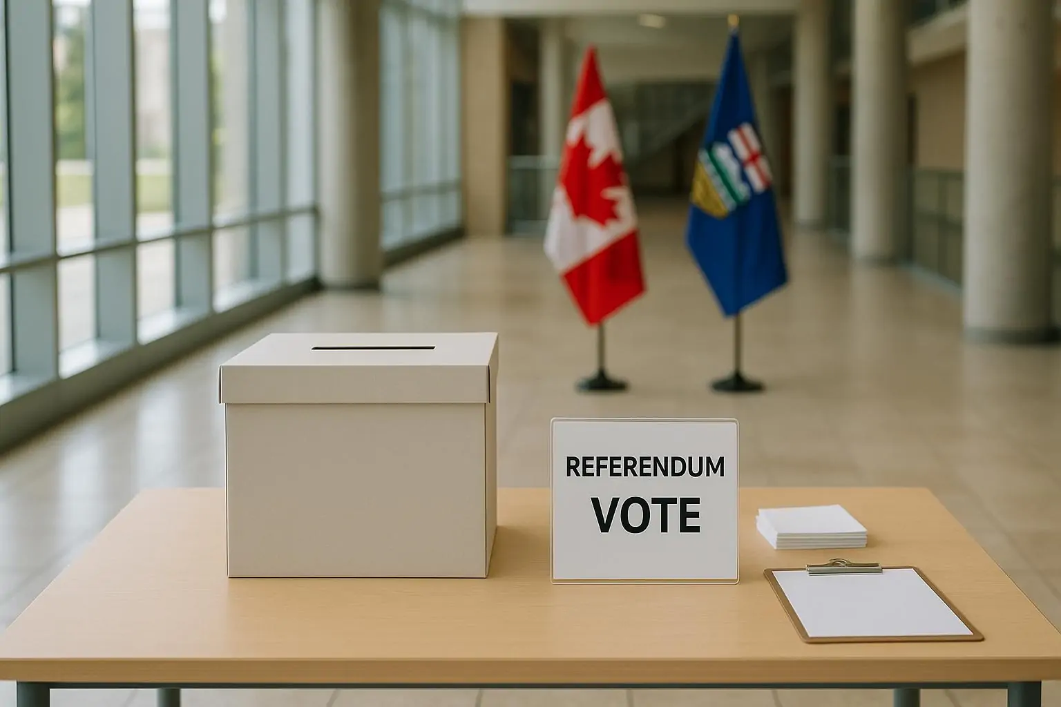 Урна для голосования и нейтральные бюллетени в холле, на фоне флаги Канады и Альберты, дневной свет
