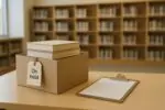 Коробка с книгами и лист проверки на столе в школьной библиотеке, как символ изъятия из фондов