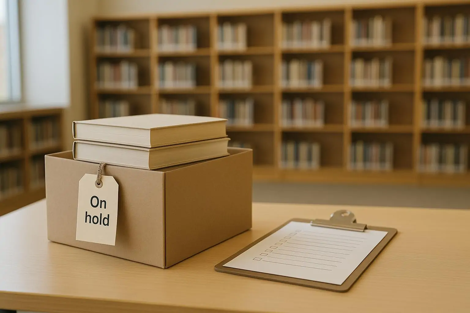 Коробка с книгами и лист проверки на столе в школьной библиотеке, как символ изъятия из фондов