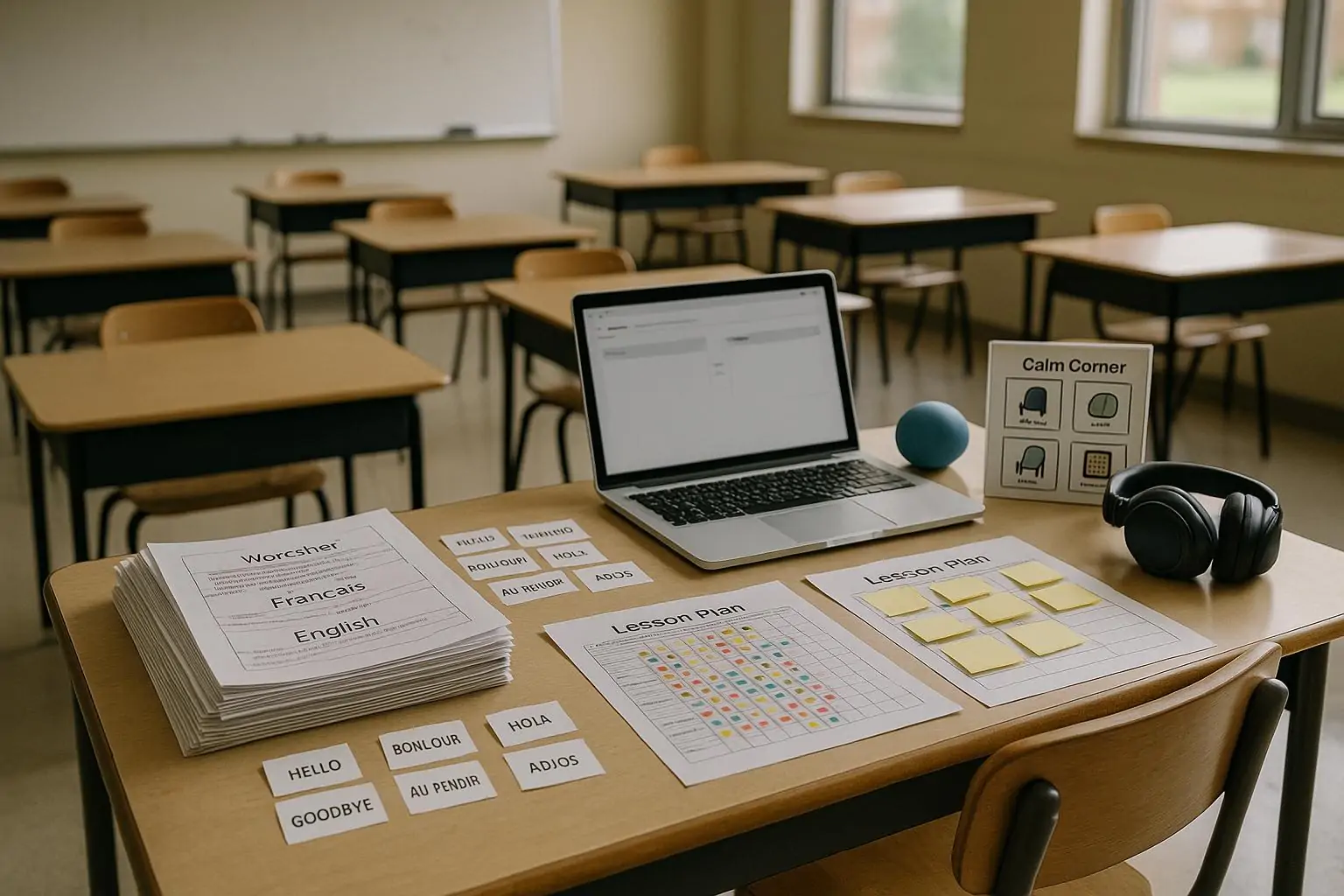 Пустой класс с учительским столом, стопками заданий и карточками языков, символ перегрузки и поддержки.