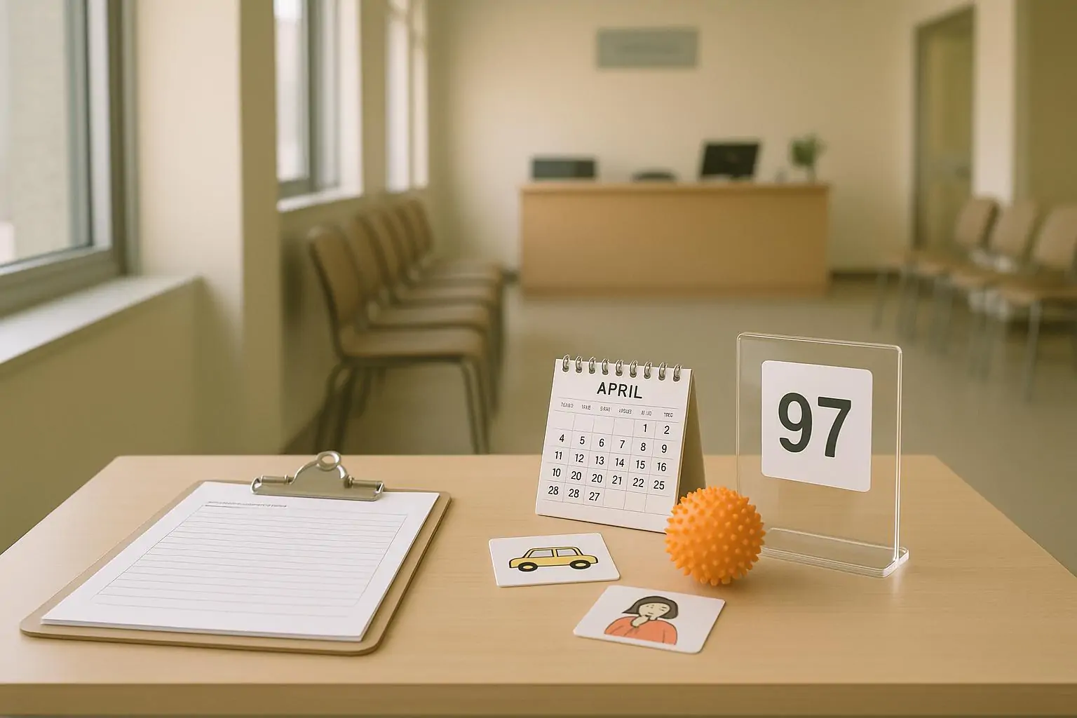 Светлая зона ожидания с документами и номерком очереди, символизирующая рост ожидания терапии аутизма в Онтарио