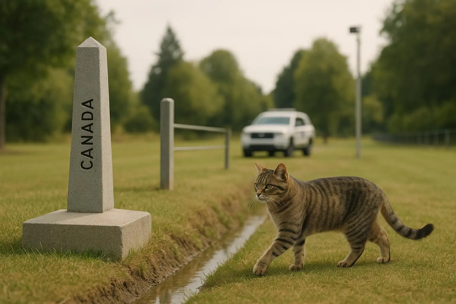 Спокойная приграничная улица с канавой и нейтральным знаком; рядом стоит домашний кот, намёк на переход границы.