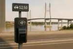 Современный мост и спокойная зона оплаты проезда с электронным терминалом, символизирующие низкие тарифы