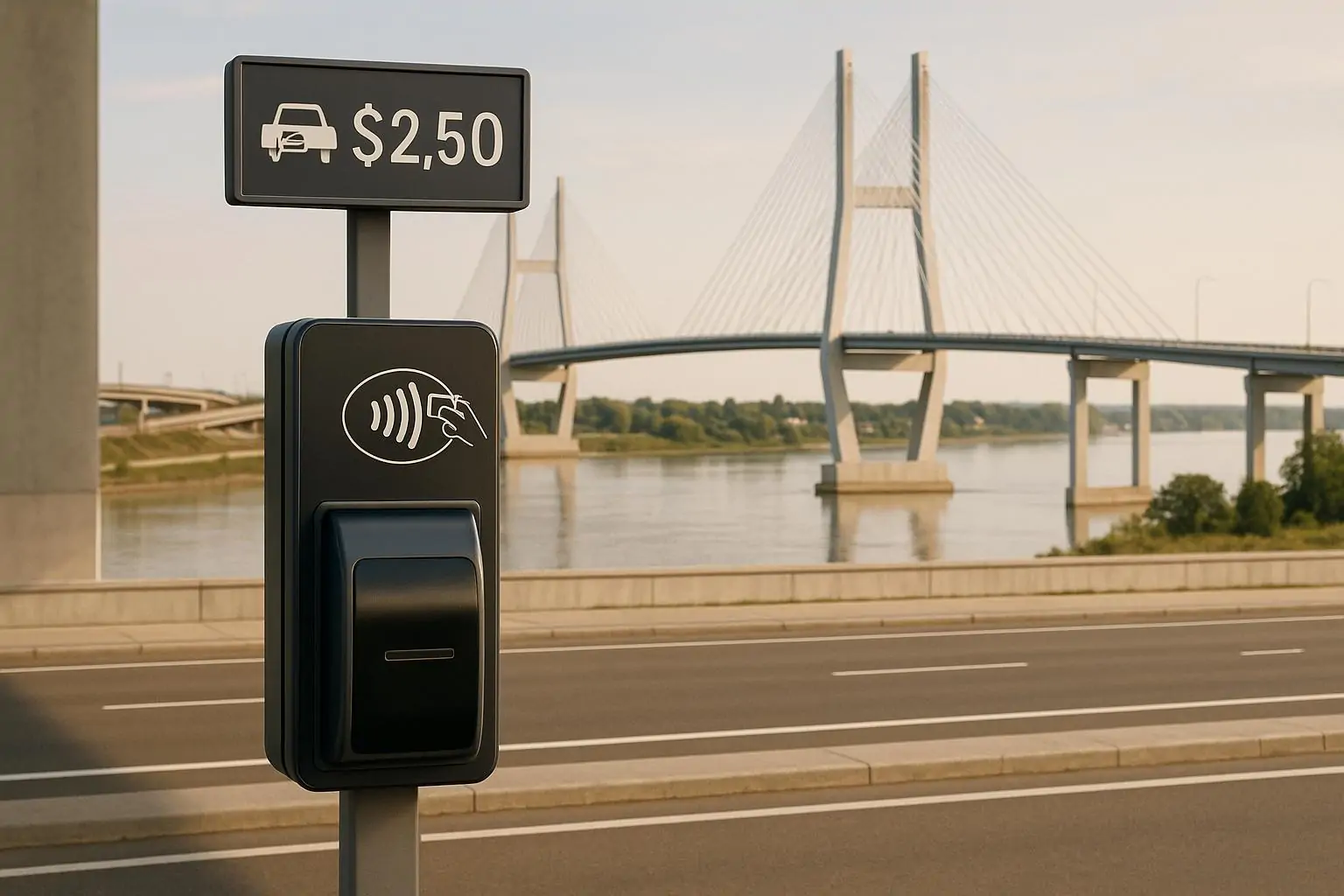 Современный мост и спокойная зона оплаты проезда с электронным терминалом, символизирующие низкие тарифы